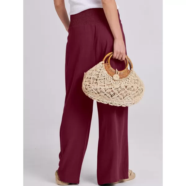Caracilia Women Linen Palazzo Pants Summer Boho Wide Leg High Waist Smocked Casual Lounge Pant Trousers with Pocket
