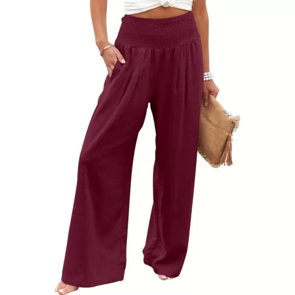 Caracilia Women Linen Palazzo Pants Summer Boho Wide Leg High Waist Smocked Casual Lounge Pant Trousers with Pocket