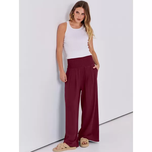 Caracilia Women Linen Palazzo Pants Summer Boho Wide Leg High Waist Smocked Casual Lounge Pant Trousers with Pocket