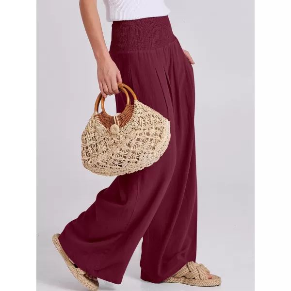 Caracilia Women Linen Palazzo Pants Summer Boho Wide Leg High Waist Smocked Casual Lounge Pant Trousers with Pocket