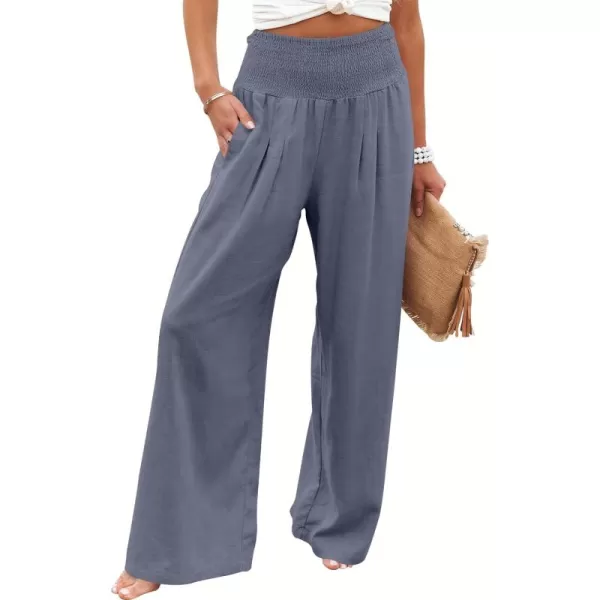 Caracilia Women Linen Palazzo Pants Summer Boho Wide Leg High Waist Smocked Casual Lounge Pant Trousers with Pocket
