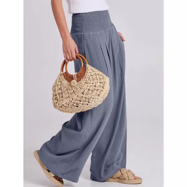 Caracilia Women Linen Palazzo Pants Summer Boho Wide Leg High Waist Smocked Casual Lounge Pant Trousers with Pocket