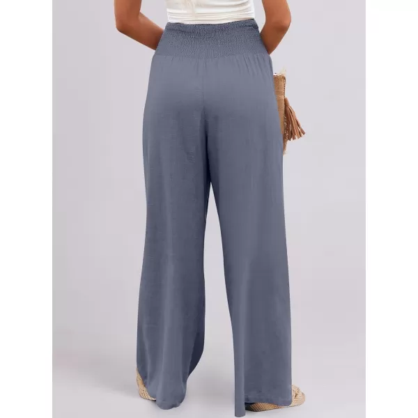 Caracilia Women Linen Palazzo Pants Summer Boho Wide Leg High Waist Smocked Casual Lounge Pant Trousers with Pocket