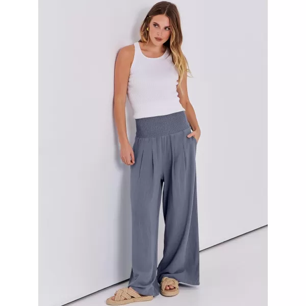 Caracilia Women Linen Palazzo Pants Summer Boho Wide Leg High Waist Smocked Casual Lounge Pant Trousers with Pocket