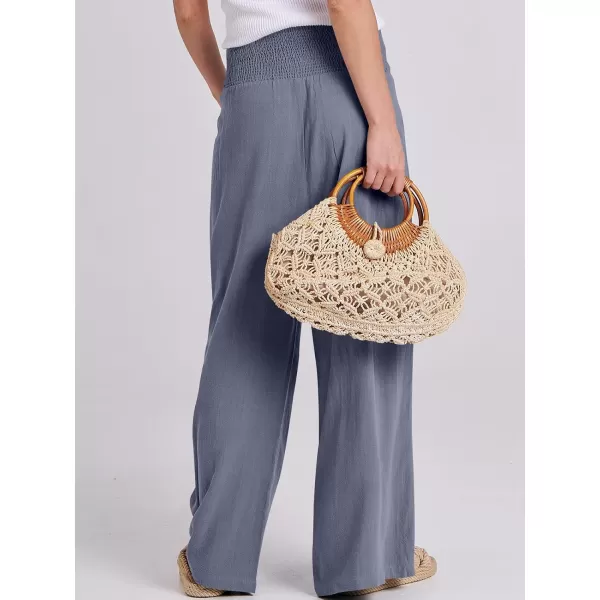 Caracilia Women Linen Palazzo Pants Summer Boho Wide Leg High Waist Smocked Casual Lounge Pant Trousers with Pocket