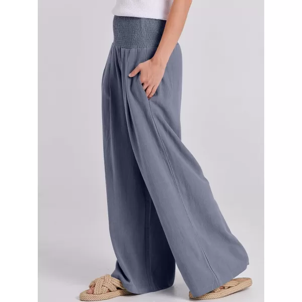 Caracilia Women Linen Palazzo Pants Summer Boho Wide Leg High Waist Smocked Casual Lounge Pant Trousers with Pocket