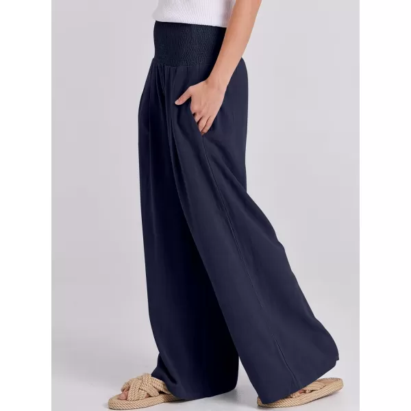 Caracilia Women Linen Palazzo Pants Summer Boho Wide Leg High Waist Smocked Casual Lounge Pant Trousers with Pocket