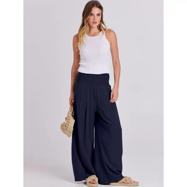 Caracilia Women Linen Palazzo Pants Summer Boho Wide Leg High Waist Smocked Casual Lounge Pant Trousers with Pocket