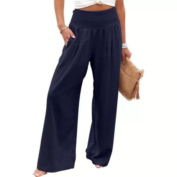 Caracilia Women Linen Palazzo Pants Summer Boho Wide Leg High Waist Smocked Casual Lounge Pant Trousers with Pocket