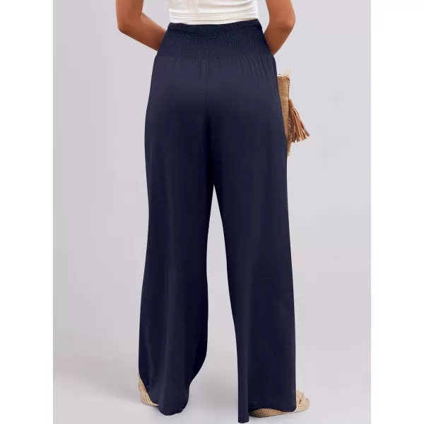 Caracilia Women Linen Palazzo Pants Summer Boho Wide Leg High Waist Smocked Casual Lounge Pant Trousers with Pocket