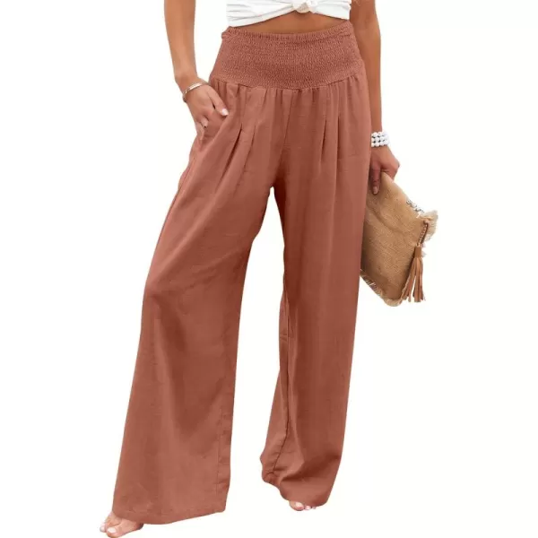 Caracilia Women Linen Palazzo Pants Summer Boho Wide Leg High Waist Smocked Casual Lounge Pant Trousers with Pocket