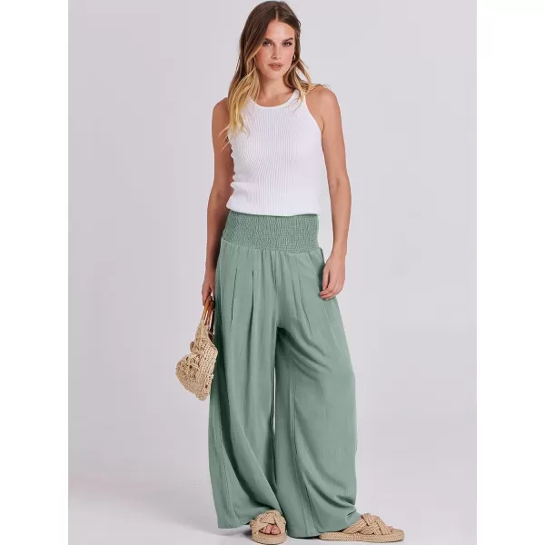 Caracilia Women Linen Palazzo Pants Summer Boho Wide Leg High Waist Smocked Casual Lounge Pant Trousers with Pocket