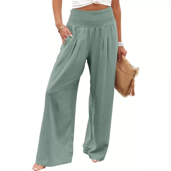 Caracilia Women Linen Palazzo Pants Summer Boho Wide Leg High Waist Smocked Casual Lounge Pant Trousers with Pocket
