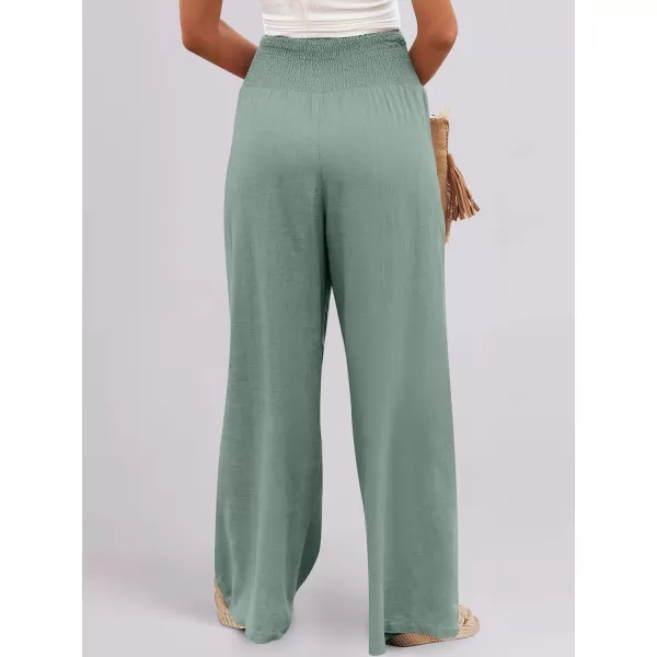 Caracilia Women Linen Palazzo Pants Summer Boho Wide Leg High Waist Smocked Casual Lounge Pant Trousers with Pocket