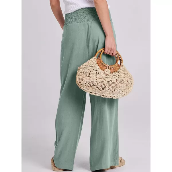 Caracilia Women Linen Palazzo Pants Summer Boho Wide Leg High Waist Smocked Casual Lounge Pant Trousers with Pocket