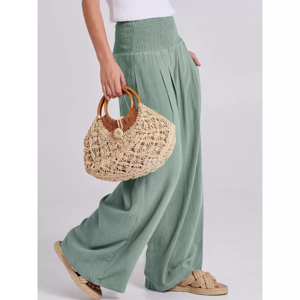 Caracilia Women Linen Palazzo Pants Summer Boho Wide Leg High Waist Smocked Casual Lounge Pant Trousers with Pocket