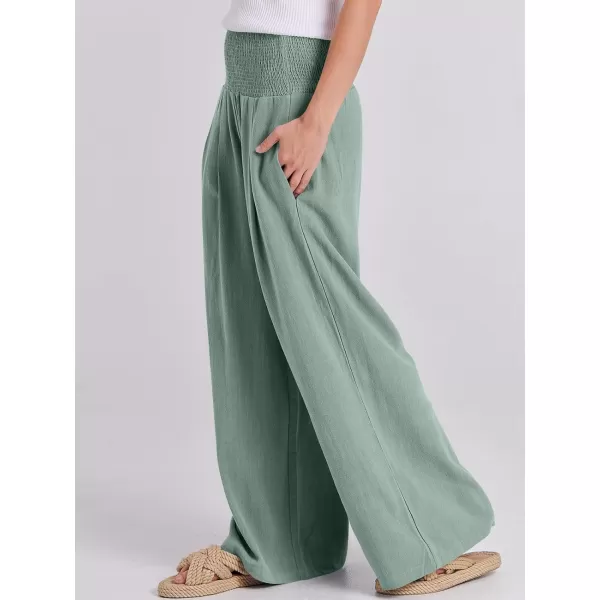 Caracilia Women Linen Palazzo Pants Summer Boho Wide Leg High Waist Smocked Casual Lounge Pant Trousers with Pocket