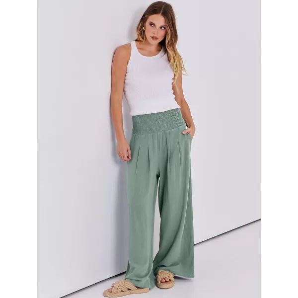 Caracilia Women Linen Palazzo Pants Summer Boho Wide Leg High Waist Smocked Casual Lounge Pant Trousers with Pocket
