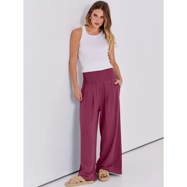 Caracilia Women Linen Palazzo Pants Summer Boho Wide Leg High Waist Smocked Casual Lounge Pant Trousers with Pocket