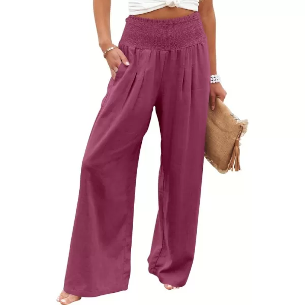 Caracilia Women Linen Palazzo Pants Summer Boho Wide Leg High Waist Smocked Casual Lounge Pant Trousers with Pocket