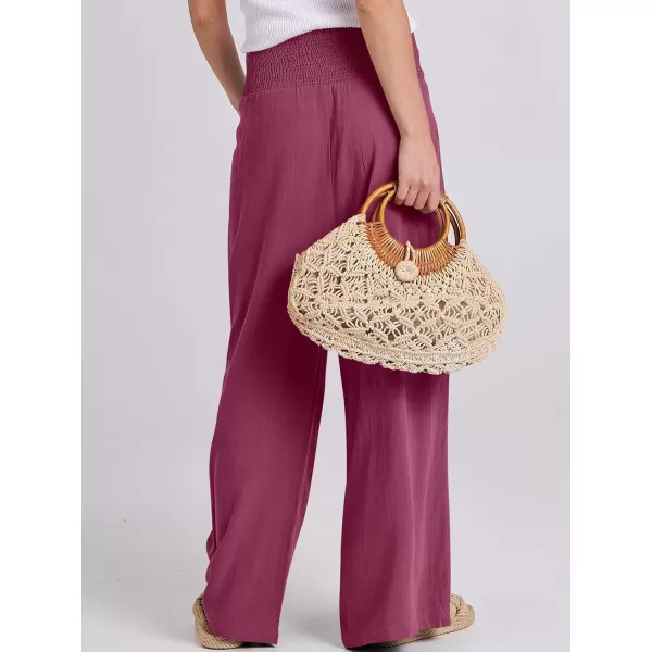 Caracilia Women Linen Palazzo Pants Summer Boho Wide Leg High Waist Smocked Casual Lounge Pant Trousers with Pocket