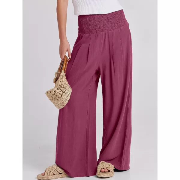 Caracilia Women Linen Palazzo Pants Summer Boho Wide Leg High Waist Smocked Casual Lounge Pant Trousers with Pocket