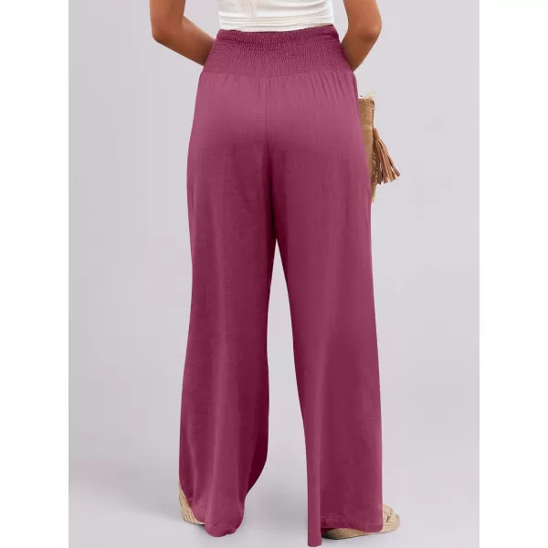 Caracilia Women Linen Palazzo Pants Summer Boho Wide Leg High Waist Smocked Casual Lounge Pant Trousers with Pocket