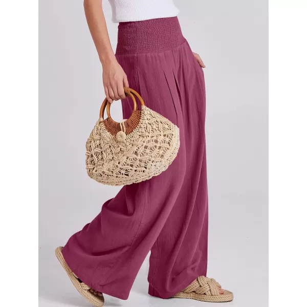 Caracilia Women Linen Palazzo Pants Summer Boho Wide Leg High Waist Smocked Casual Lounge Pant Trousers with Pocket