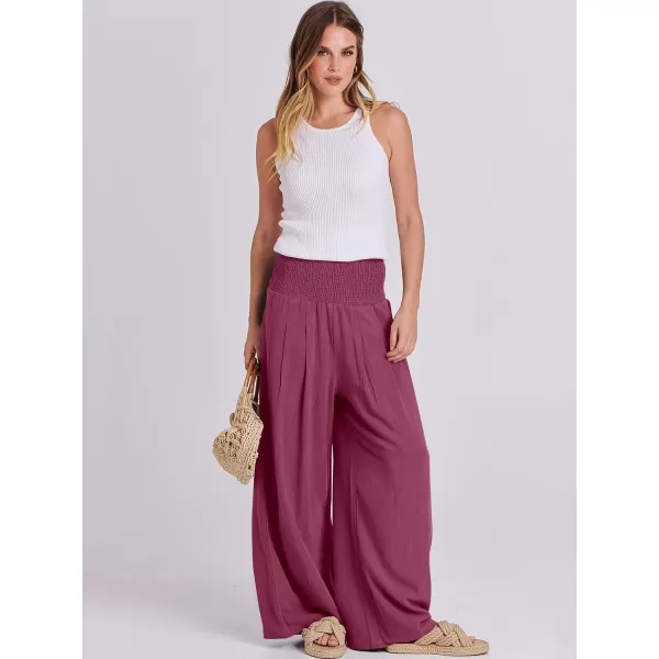 Caracilia Women Linen Palazzo Pants Summer Boho Wide Leg High Waist Smocked Casual Lounge Pant Trousers with Pocket