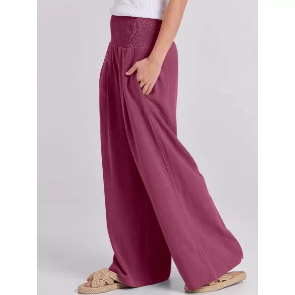 Caracilia Women Linen Palazzo Pants Summer Boho Wide Leg High Waist Smocked Casual Lounge Pant Trousers with Pocket