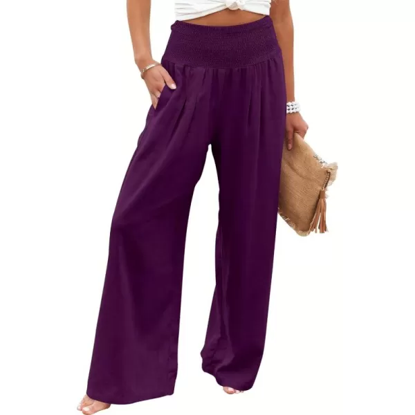 Caracilia Women Linen Palazzo Pants Summer Boho Wide Leg High Waist Smocked Casual Lounge Pant Trousers with Pocket