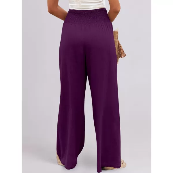 Caracilia Women Linen Palazzo Pants Summer Boho Wide Leg High Waist Smocked Casual Lounge Pant Trousers with Pocket