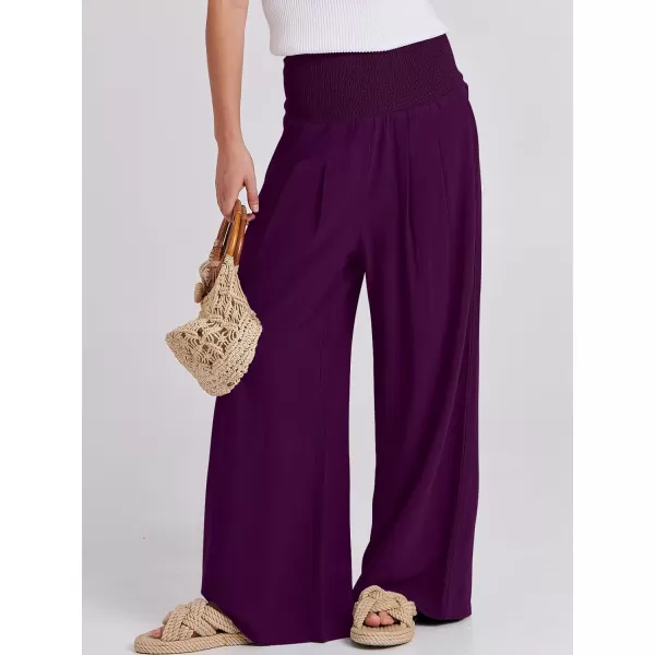 Caracilia Women Linen Palazzo Pants Summer Boho Wide Leg High Waist Smocked Casual Lounge Pant Trousers with Pocket