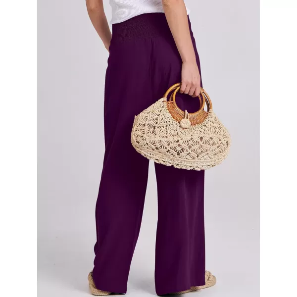 Caracilia Women Linen Palazzo Pants Summer Boho Wide Leg High Waist Smocked Casual Lounge Pant Trousers with Pocket