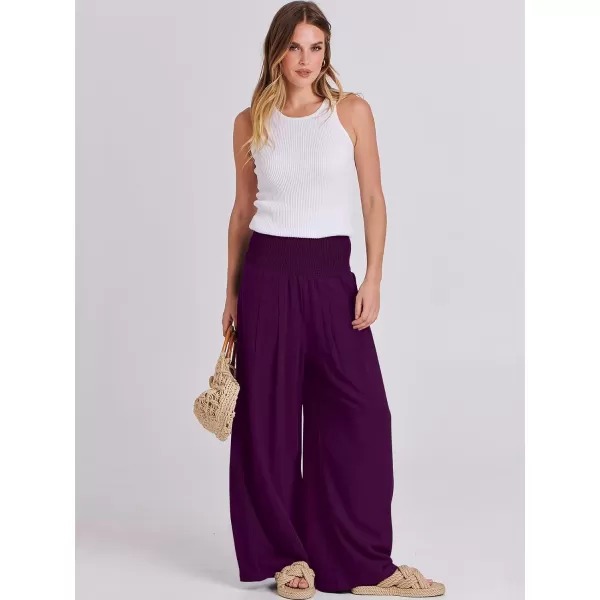 Caracilia Women Linen Palazzo Pants Summer Boho Wide Leg High Waist Smocked Casual Lounge Pant Trousers with Pocket