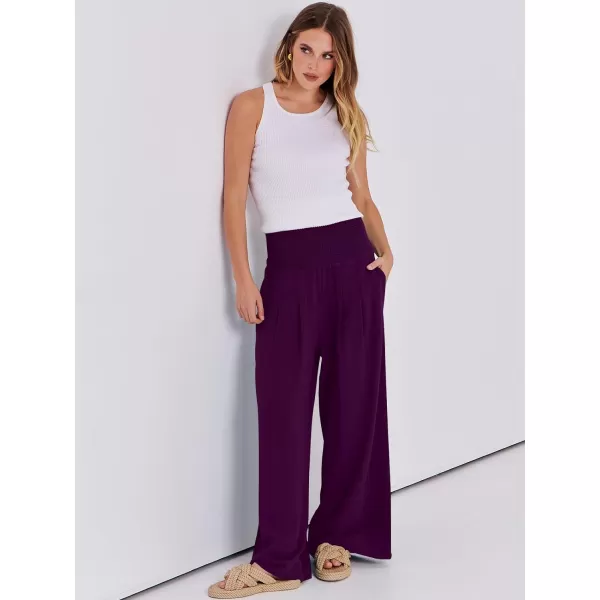 Caracilia Women Linen Palazzo Pants Summer Boho Wide Leg High Waist Smocked Casual Lounge Pant Trousers with Pocket