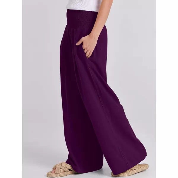 Caracilia Women Linen Palazzo Pants Summer Boho Wide Leg High Waist Smocked Casual Lounge Pant Trousers with Pocket