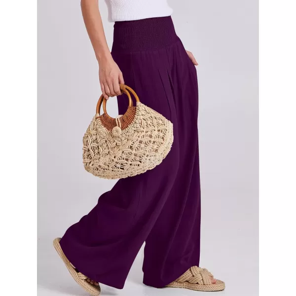 Caracilia Women Linen Palazzo Pants Summer Boho Wide Leg High Waist Smocked Casual Lounge Pant Trousers with Pocket