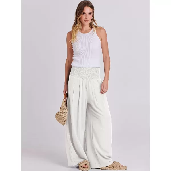 Caracilia Women Linen Palazzo Pants Summer Boho Wide Leg High Waist Smocked Casual Lounge Pant Trousers with Pocket