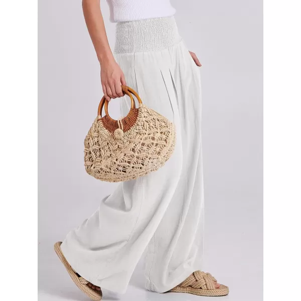 Caracilia Women Linen Palazzo Pants Summer Boho Wide Leg High Waist Smocked Casual Lounge Pant Trousers with Pocket