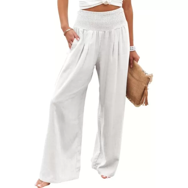 Caracilia Women Linen Palazzo Pants Summer Boho Wide Leg High Waist Smocked Casual Lounge Pant Trousers with Pocket
