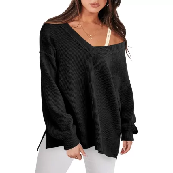 Caracilia Women Long Sleeve Shirt Off Shoulder Sweater Oversized Sweatshirt V Neck Knit Pullover Fall Clothes Loose Tunic Top