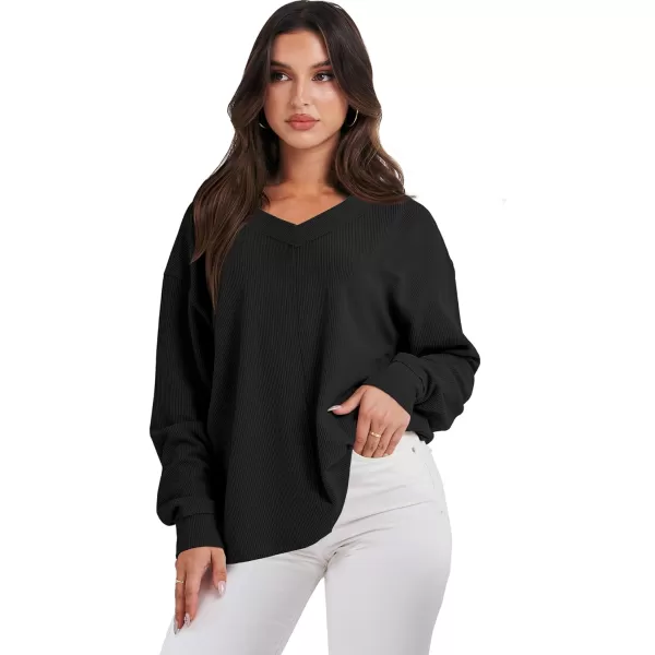 Caracilia Women Long Sleeve Shirt Off Shoulder Sweater Oversized Sweatshirt V Neck Knit Pullover Fall Clothes Loose Tunic Top