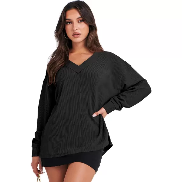 Caracilia Women Long Sleeve Shirt Off Shoulder Sweater Oversized Sweatshirt V Neck Knit Pullover Fall Clothes Loose Tunic Top