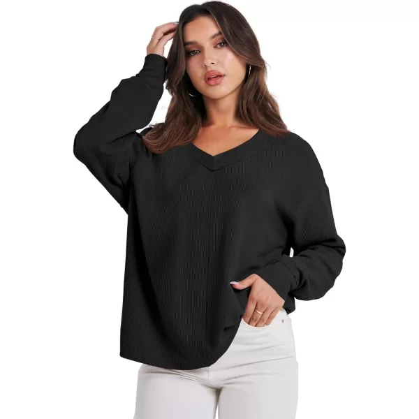 Caracilia Women Long Sleeve Shirt Off Shoulder Sweater Oversized Sweatshirt V Neck Knit Pullover Fall Clothes Loose Tunic Top