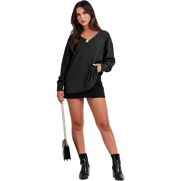 Caracilia Women Long Sleeve Shirt Off Shoulder Sweater Oversized Sweatshirt V Neck Knit Pullover Fall Clothes Loose Tunic Top