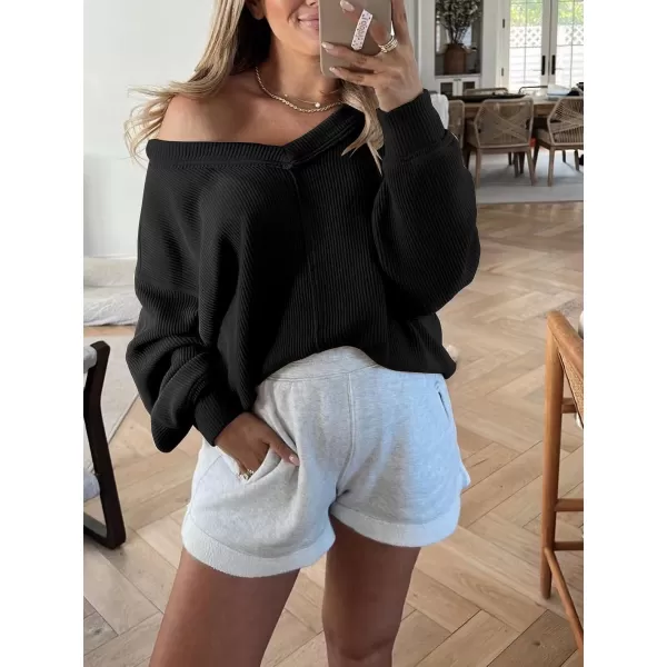 Caracilia Women Long Sleeve Shirt Off Shoulder Sweater Oversized Sweatshirt V Neck Knit Pullover Fall Clothes Loose Tunic Top