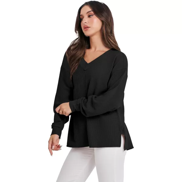 Caracilia Women Long Sleeve Shirt Off Shoulder Sweater Oversized Sweatshirt V Neck Knit Pullover Fall Clothes Loose Tunic Top