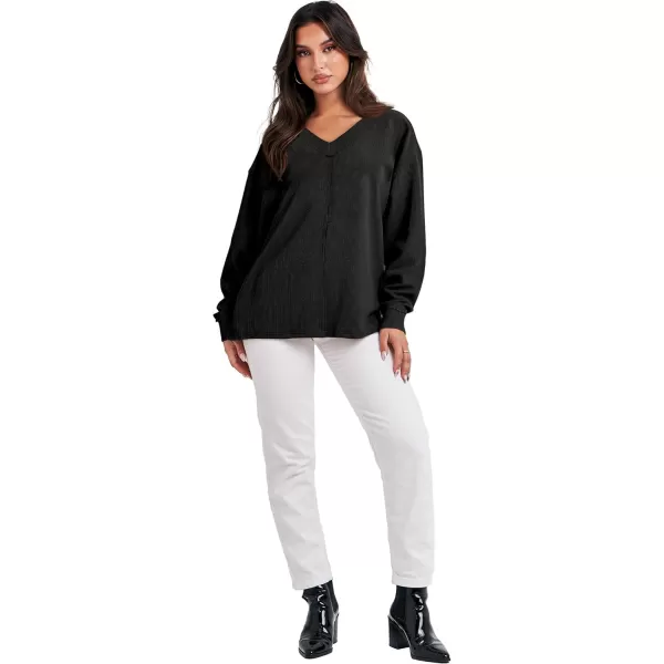 Caracilia Women Long Sleeve Shirt Off Shoulder Sweater Oversized Sweatshirt V Neck Knit Pullover Fall Clothes Loose Tunic Top