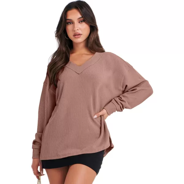 Caracilia Women Long Sleeve Shirt Off Shoulder Sweater Oversized Sweatshirt V Neck Knit Pullover Fall Clothes Loose Tunic Top